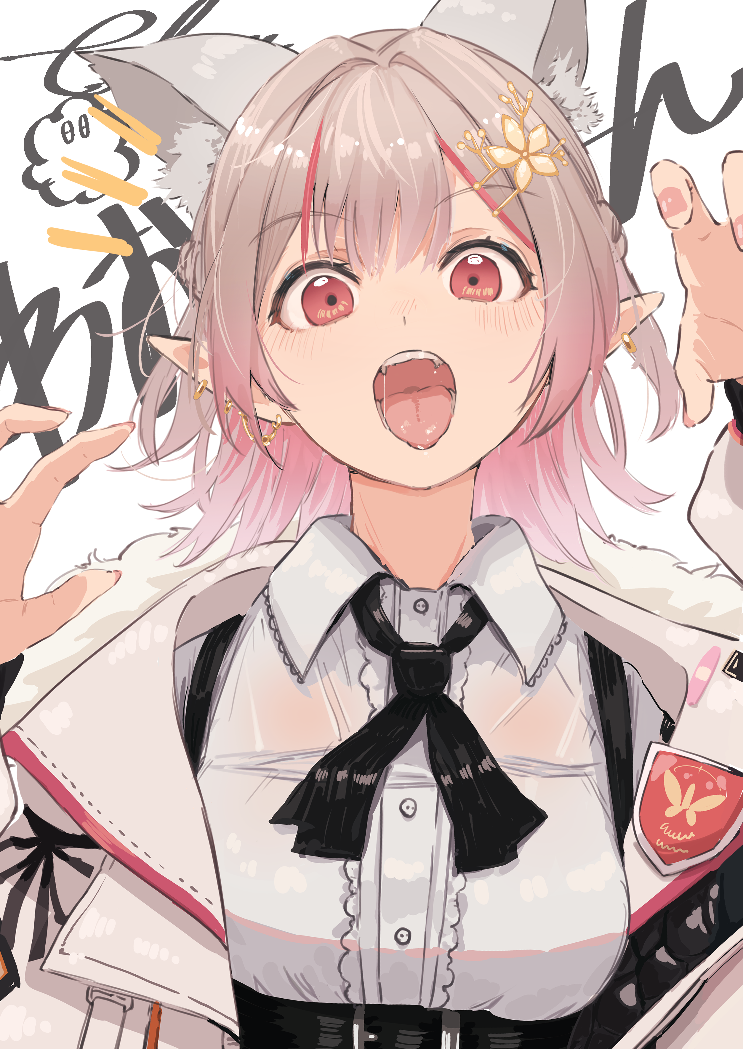 ogura tubuan, elu (11th costume) (nijisanji), elu (nijisanji), nijisanji, absurdres, highres, 1girl, animal ear fluff, animal ears, ascot, black ascot, breasts, cat ears, center-flap bangs, center frills, claw pose, coat, double-parted bangs, ear chain, fangs, fingernails, frills, fur-trimmed coat, fur trim, gradient hair, hair ornament, hairclip, linked piercing, long sleeves, medium breasts, multicolored hair, official alternate costume, open mouth, piercing, pink hair, pointy ears, red eyes, saliva, saliva trail, see-through clothes, see-through shirt, shirt, solo, suspenders, underbust, upper body, virtual youtuber, white coat, white shirt