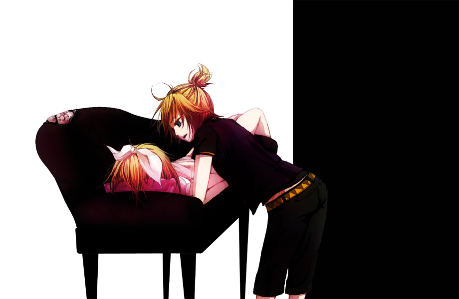 memai, kagamine len, kagamine rin, vocaloid, bad id, bad pixiv id, 1boy, 1girl, blonde hair, blue eyes, brother and sister, couch, hair ribbon, lying, on back, ribbon, short hair, siblings, twins