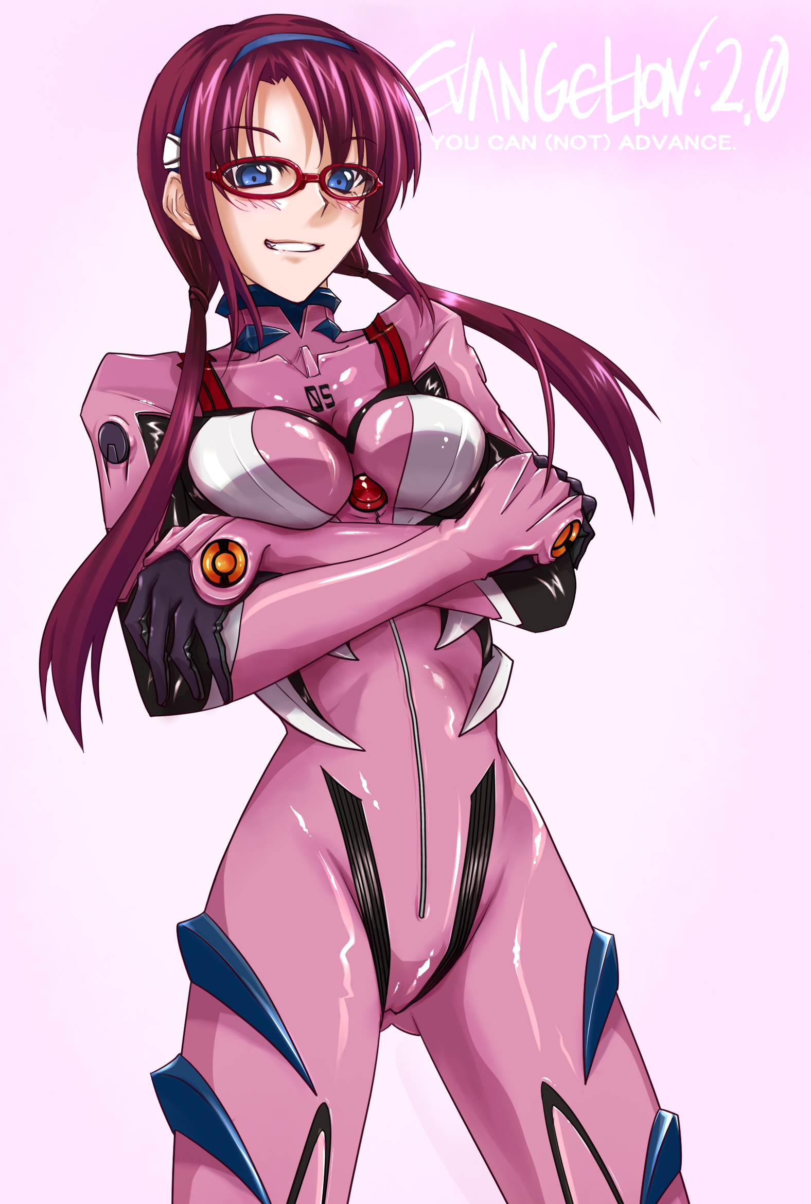 prime (prime tw), makinami mari illustrious, evangelion: 2.0 you can (not) advance, neon genesis evangelion, rebuild of evangelion, breast hold, highres, 00s, 1girl, blue eyes, breasts, crossed arms, female focus, glasses, hairband, long hair, mecha pilot suit, plugsuit (evangelion), purple hair, smile, solo
