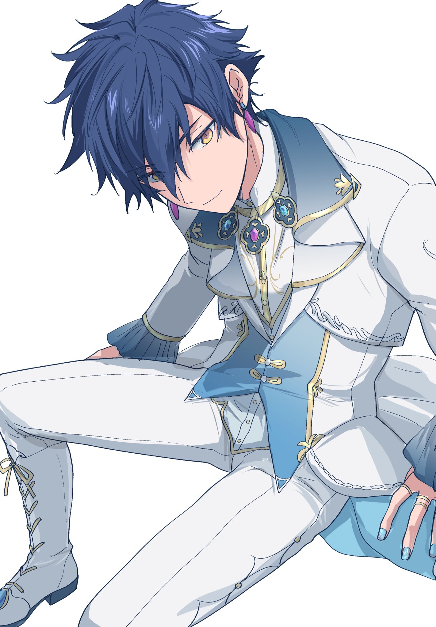 toroi (run01211), sazanami jun, ensemble stars!, highres, 1boy, blue hair, blue nails, boots, closed mouth, earrings, fingernails, from above, hair between eyes, invisible chair, jewelry, long sleeves, looking at viewer, male focus, official alternate costume, pants, ring, short hair, sitting, smile, solo, verite (ensemble stars!), white background, white boots, white pants, yellow eyes