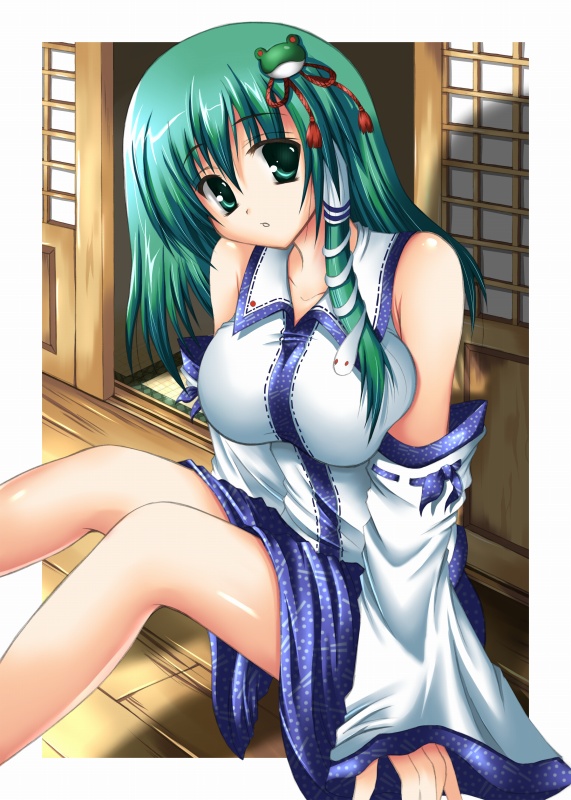 nozomi tsubame, kochiya sanae, touhou, 1girl, bare shoulders, breasts, collarbone, detached sleeves, female focus, frog, green eyes, green hair, hair ornament, large breasts, matching hair/eyes, outdoors, sitting, skirt, solo
