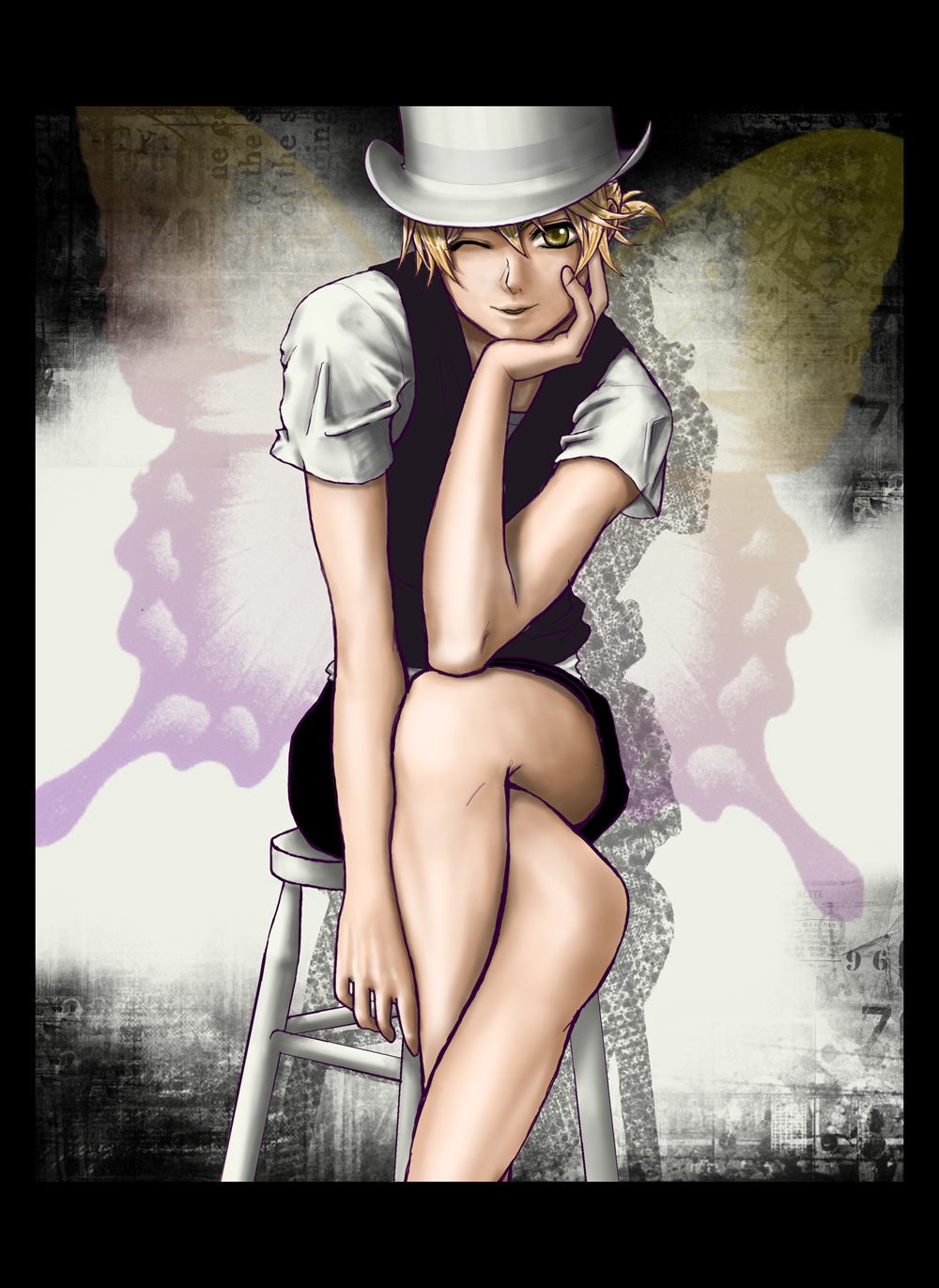 nana usagi, nanausagi, kagamine len, migikata no chou (vocaloid), vocaloid, bad id, bad pixiv id, highres, 1boy, androgynous, blonde hair, crossed legs, hat, head rest, male focus, one eye closed, short hair, sitting, smile, solo, top hat, wink, yellow eyes