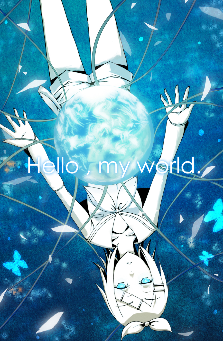 amagasa, kagamine rin, vocaloid, bad id, bad pixiv id, highres, 1girl, blue eyes, earth (planet), female focus, hair ornament, hair ribbon, hairclip, leaf, partially colored, ribbon, short hair, shorts, solo