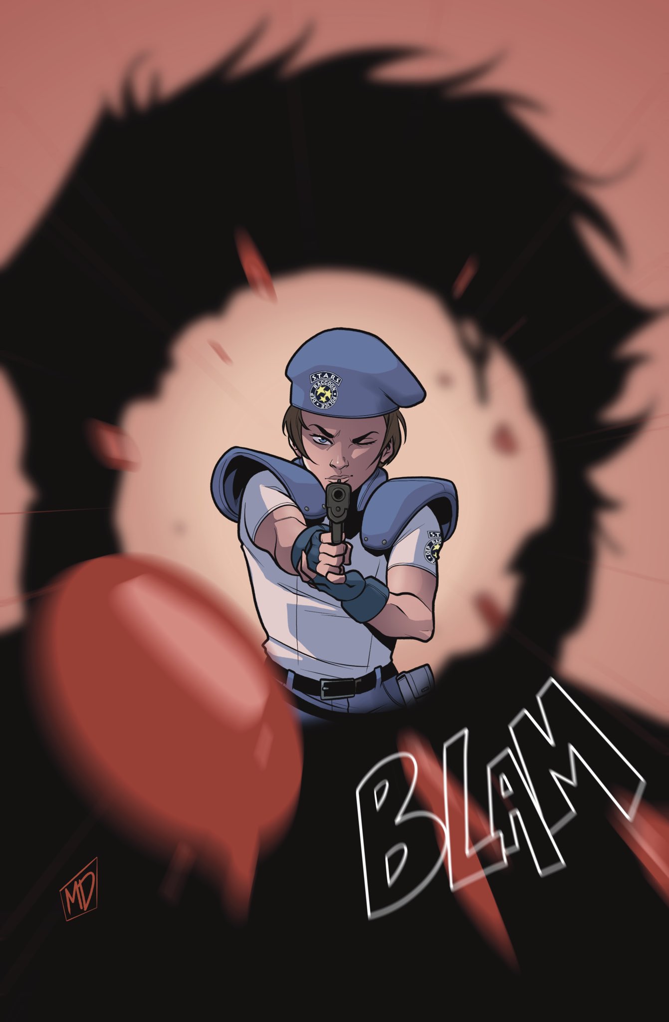 meechdoodle, jill valentine, resident evil, resident evil 1, highres, 1girl, beret, blood, blue hat, blue shirt, brown hair, fingerless gloves, firing, gloves, gun, handgun, hat, headshot, one eye closed, shirt, shoulder pads, signature, weapon, zombie
