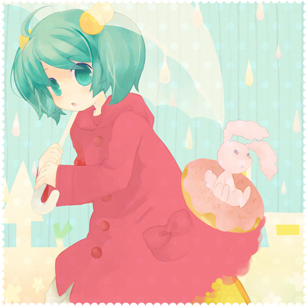 jiruta, hatsune miku, ame nochi sweet drops (vocaloid), vocaloid, bad id, bad pixiv id, 1girl, ahoge, alternate hair length, alternate hairstyle, child, female focus, green eyes, green hair, hair bobbles, hair ornament, innertube, matching hair/eyes, rain, short hair, solo, stuffed animal, stuffed rabbit, stuffed toy, swim ring, umbrella