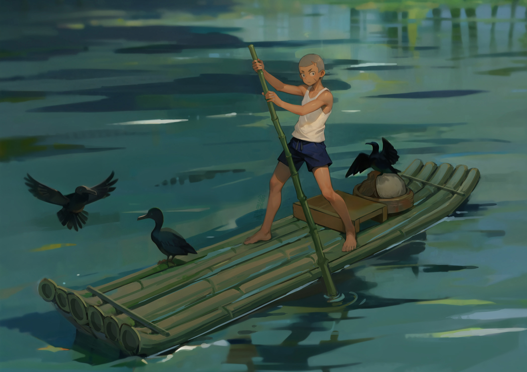 ryou hiryuu, original, 1boy, bamboo, barefoot, bird, buzz cut, male focus, raft, scar, scar on face, shaved head, shorts, solo, standing, tank top, very short hair, water, white tank top
