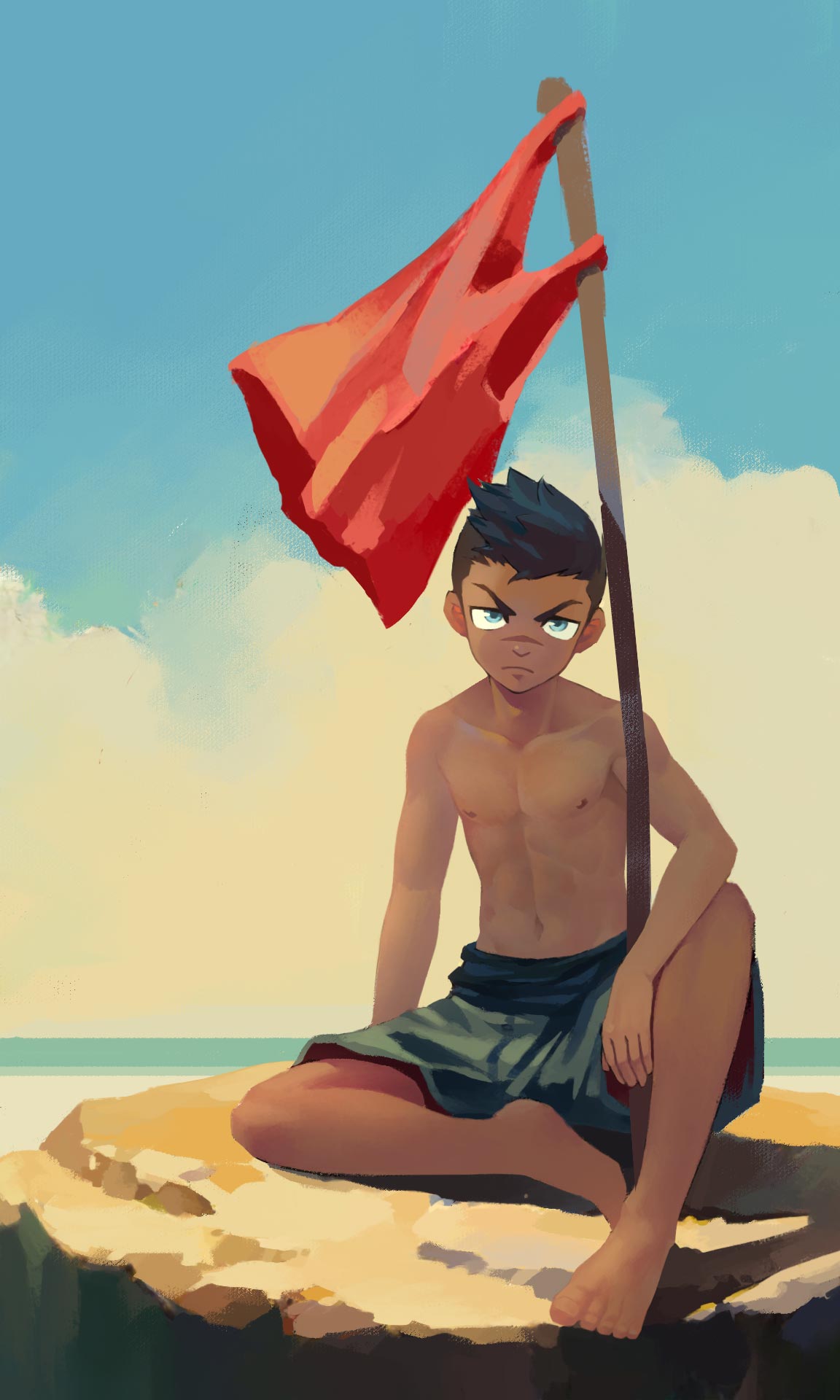 ryou hiryuu, original, 1boy, barefoot, blue eyes, dark-skinned male, dark skin, elbow on knee, male focus, nipples, on ground, outdoors, shirt, short hair, shorts, sitting, sky, solo, toned, toned male, topless male, undercut, unworn shirt