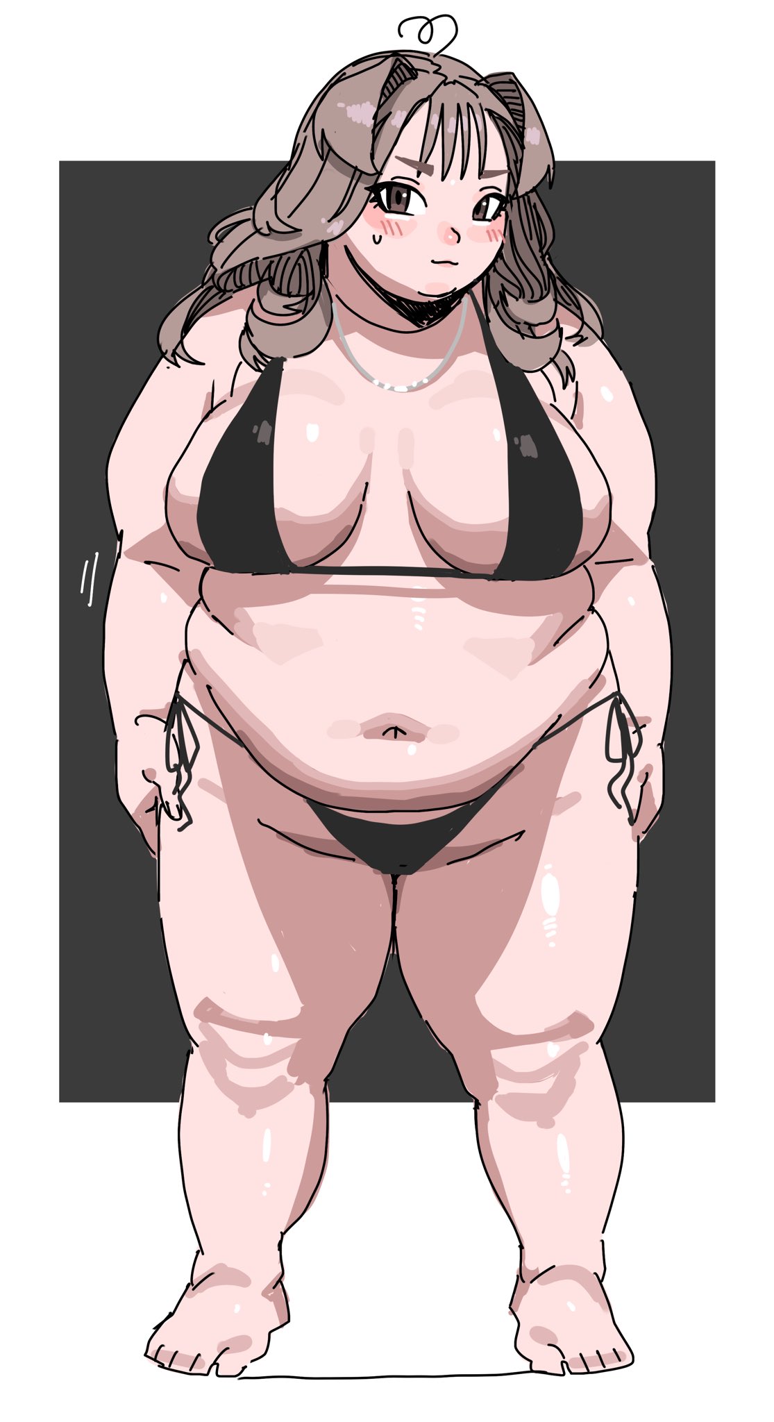 utoka, original, 1girl, ahoge, arms at sides, belly, bikini, black bikini, blush, breasts, brown eyes, brown hair, cleavage, fat, fat woman, hair ears, jewelry, large breasts, lips, medium hair, navel, necklace, side-tie bikini bottom, solo, standing, sweat, swimsuit, thick thighs, thighs