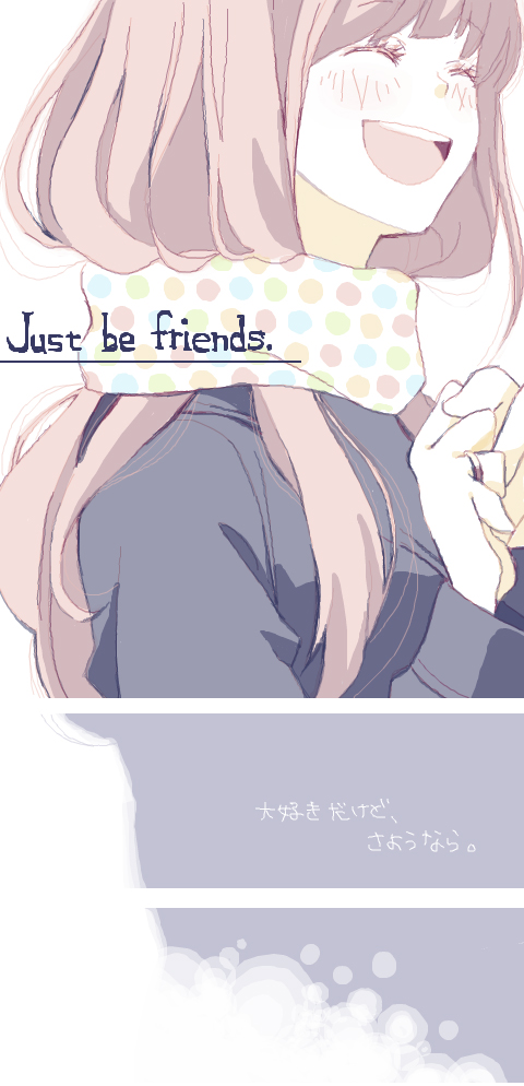 yui (artist), yui (marine-drive), megurine luka, just be friends (vocaloid), vocaloid, 1girl, closed eyes, dress, enpera, female focus, happy, hime cut, jewelry, long hair, oekaki, pink hair, ring, scarf, smile, solo, white dress