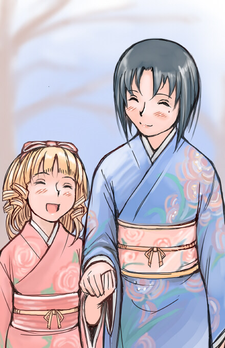 tsuda nanafushi, hinaichigo, kashiwaba tomoe, rozen maiden, 00s, 2girls, aged up, black hair, blonde hair, blush, closed eyes, japanese clothes, mole, mole under eye, multiple girls, open mouth, short hair, smile