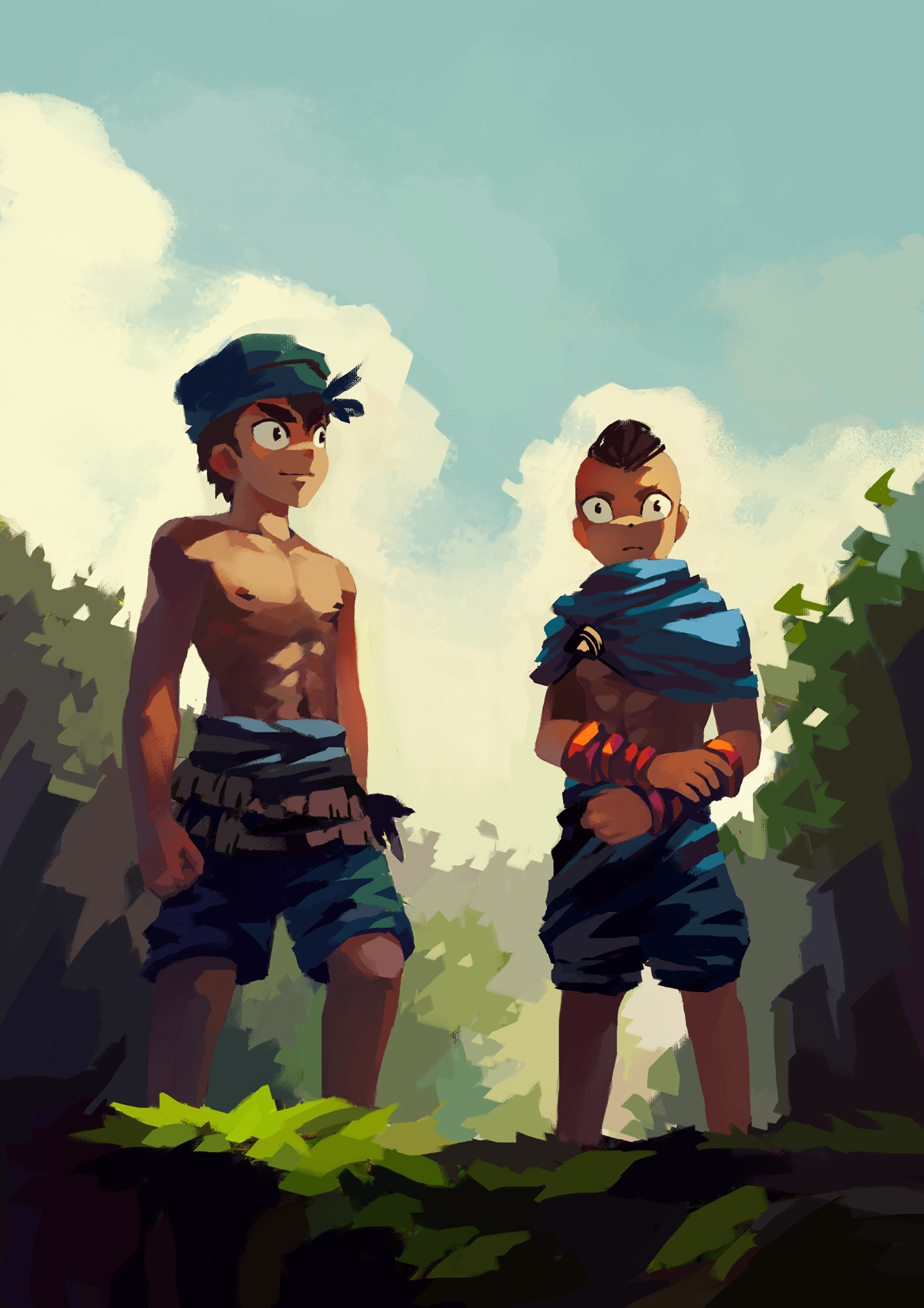 ryou hiryuu, original, 2boys, male focus, multiple boys, nature, nipples, outdoors, shorts, sky, standing, toned, toned male, topless male