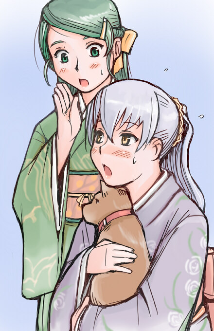 tsuda nanafushi, barasuishou, kanaria, rozen maiden, silver hair, 00s, aged up, dog, green eyes, green hair, hair ornament, hairclip, ponytail, yellow eyes