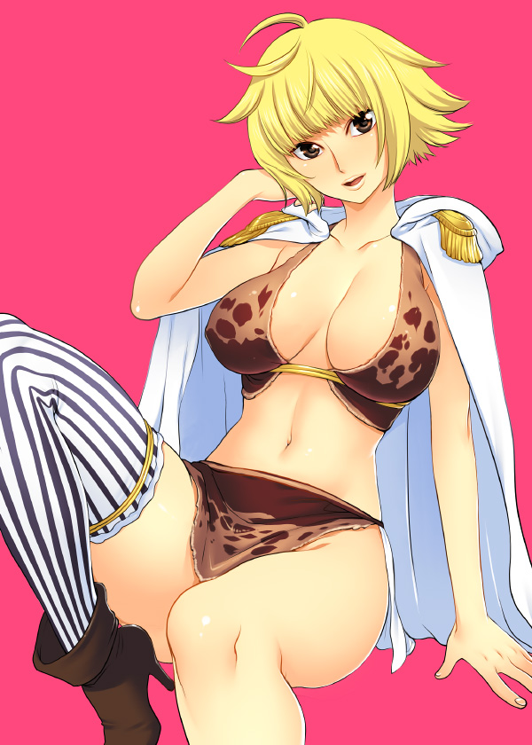 jii, marguerite (one piece), one piece, striped, bad id, bad pixiv id, 1girl, amazon lily, amazon warrior, asymmetrical clothes, blonde hair, breasts, cape, cleavage, epaulettes, female focus, large breasts, navel, short hair, simple background, single thighhigh, solo, thighhighs