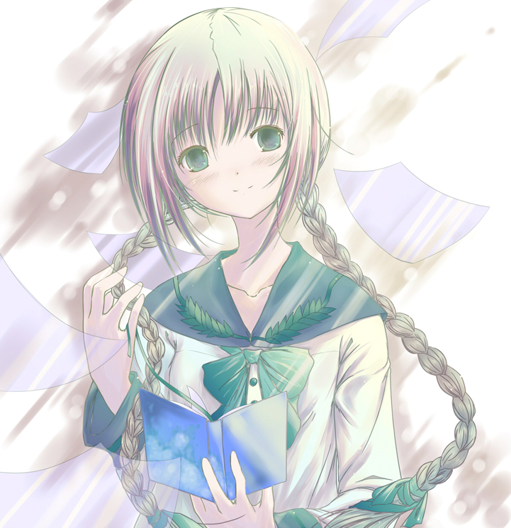 tsuzuri (itosousou), amano tohko, amano tooko, bungaku shoujo, bad id, bad pixiv id, 00s, 1girl, book, braid, female focus, paper, school uniform, solo, twin braids