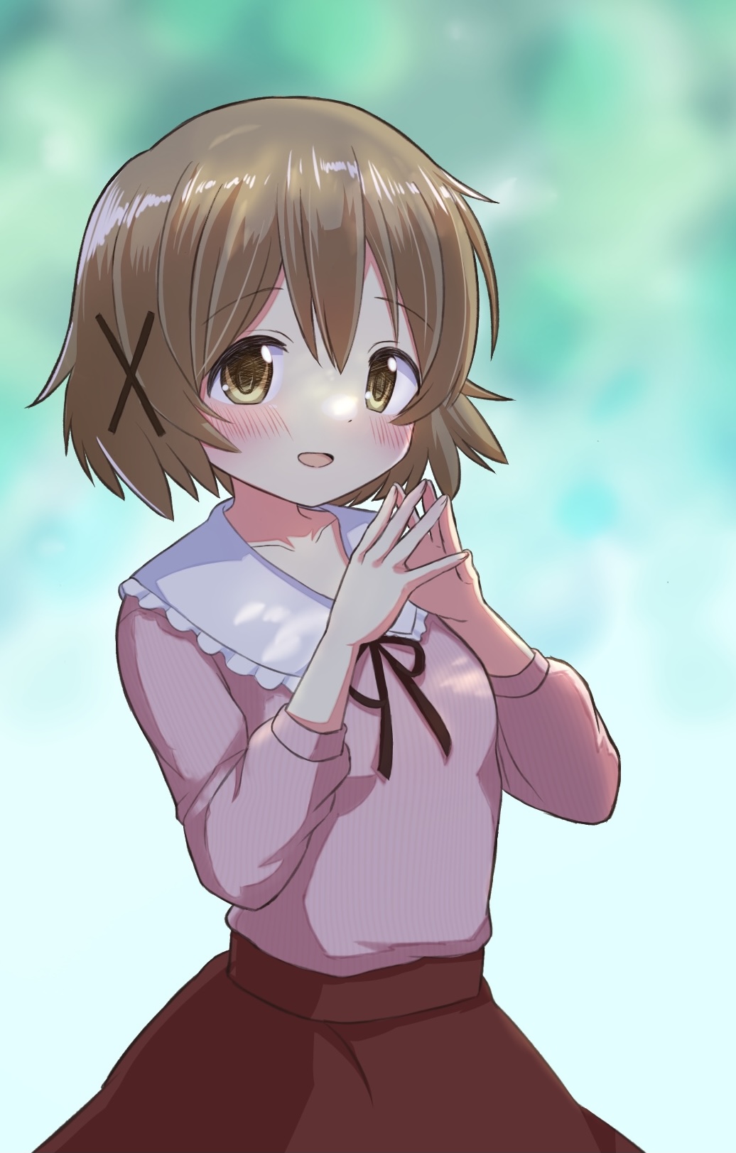 denki blanco, yuno (hidamari sketch), hidamari sketch, clothing request, commentary request, highres, 1girl, blonde hair, blurry, blurry background, blush, brown ribbon, collar, collarbone, contrast collar, cowboy shot, hair ornament, hands up, long sleeves, looking at viewer, neck ribbon, open mouth, pink shirt, red skirt, ribbon, shirt, short hair, skirt, smile, solo, tareme, triangle hands, white collar, x hair ornament, yellow eyes