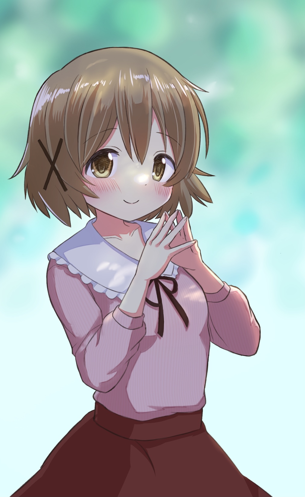 denki blanco, yuno (hidamari sketch), hidamari sketch, clothing request, commentary request, highres, 1girl, blonde hair, blurry, blurry background, blush, brown ribbon, collar, collarbone, contrast collar, cowboy shot, hair ornament, hands up, long sleeves, looking at viewer, neck ribbon, pink shirt, red skirt, ribbon, shirt, short hair, skirt, smile, solo, tareme, triangle hands, white collar, x hair ornament, yellow eyes