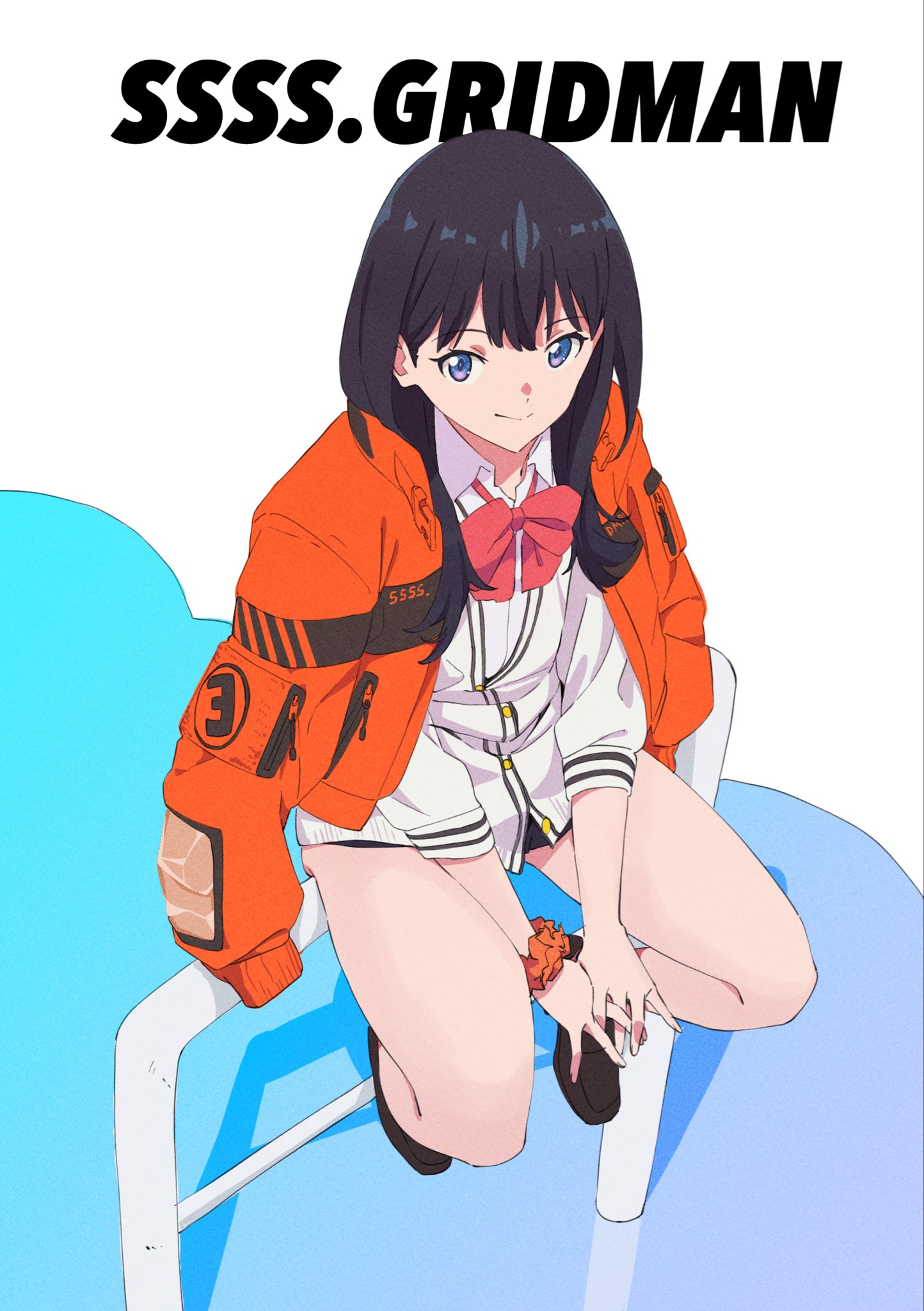 saitou kengo, takarada rikka, gridman universe, ssss.gridman, highres, official art, 1girl, black hair, black shoes, black skirt, blue eyes, bow, cardigan, closed mouth, copyright name, from above, jacket, jacket on shoulders, loafers, long hair, looking at viewer, miniskirt, on railing, orange jacket, orange scrunchie, own hands together, railing, red bow, school uniform, scrunchie, shirt, shoes, sitting, skirt, sleeves rolled up, smile, solo, white cardigan, white shirt, wrist scrunchie