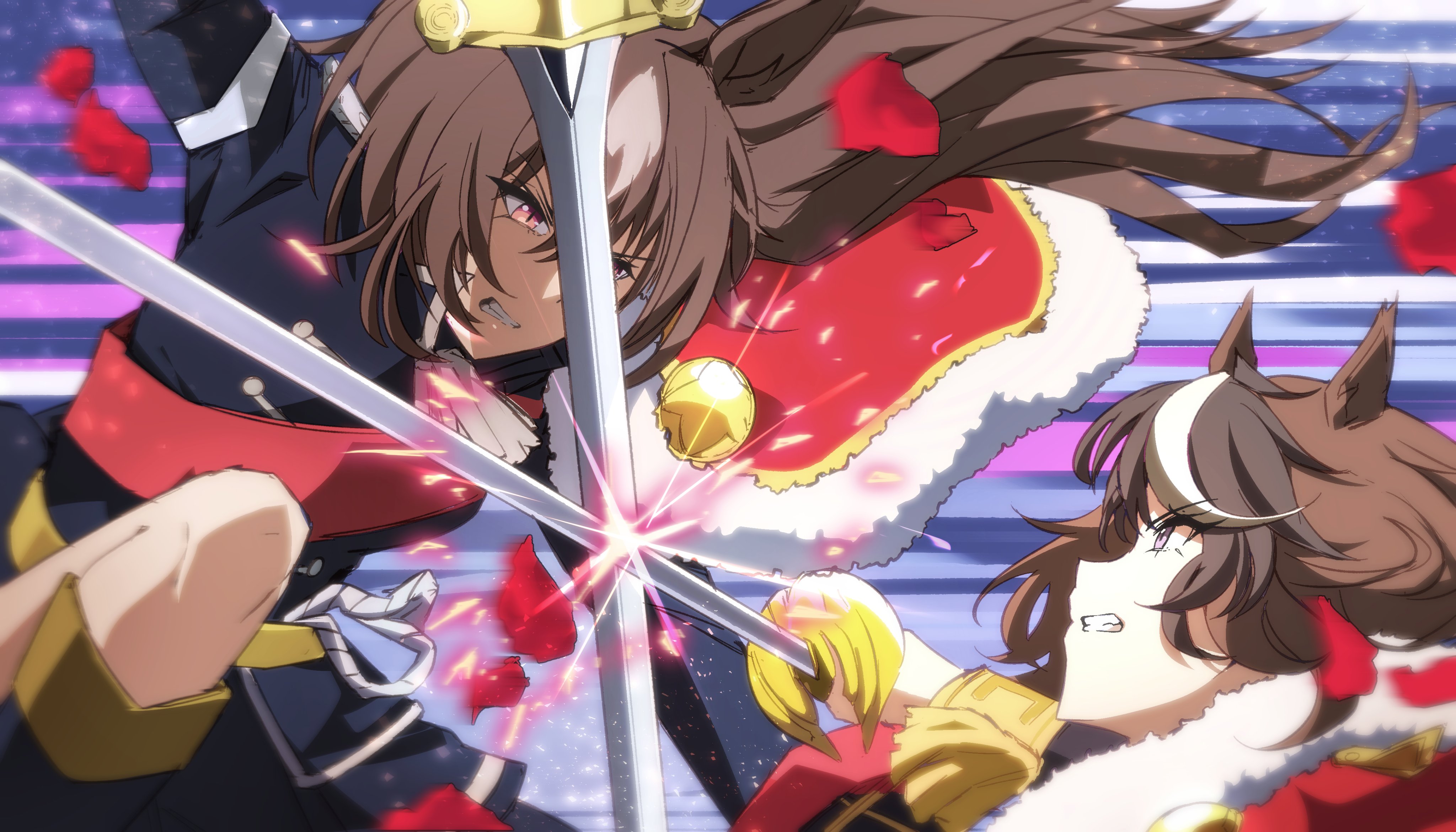 frostfiresoul, saijou claudine, sirius symboli (umamusume), symboli rudolf (umamusume), tendou maya, shoujo kageki revue starlight, umamusume, absurdres, highres, 2girls, animal ears, blue jacket, boots, breasts, brown hair, cape, clenched teeth, cosplay, fighting, fur-trimmed cape, fur-trimmed jacket, fur trim, hair between eyes, holding, holding sword, holding weapon, horse ears, horse girl, jacket, long hair, long sleeves, looking at another, multicolored hair, multiple girls, open mouth, petals, purple eyes, red cape, red eyes, red sash, sash, shoulder sash, single stripe, streaked hair, sword, sword fight, teeth, tendou maya (cosplay), very long hair, weapon, white hair