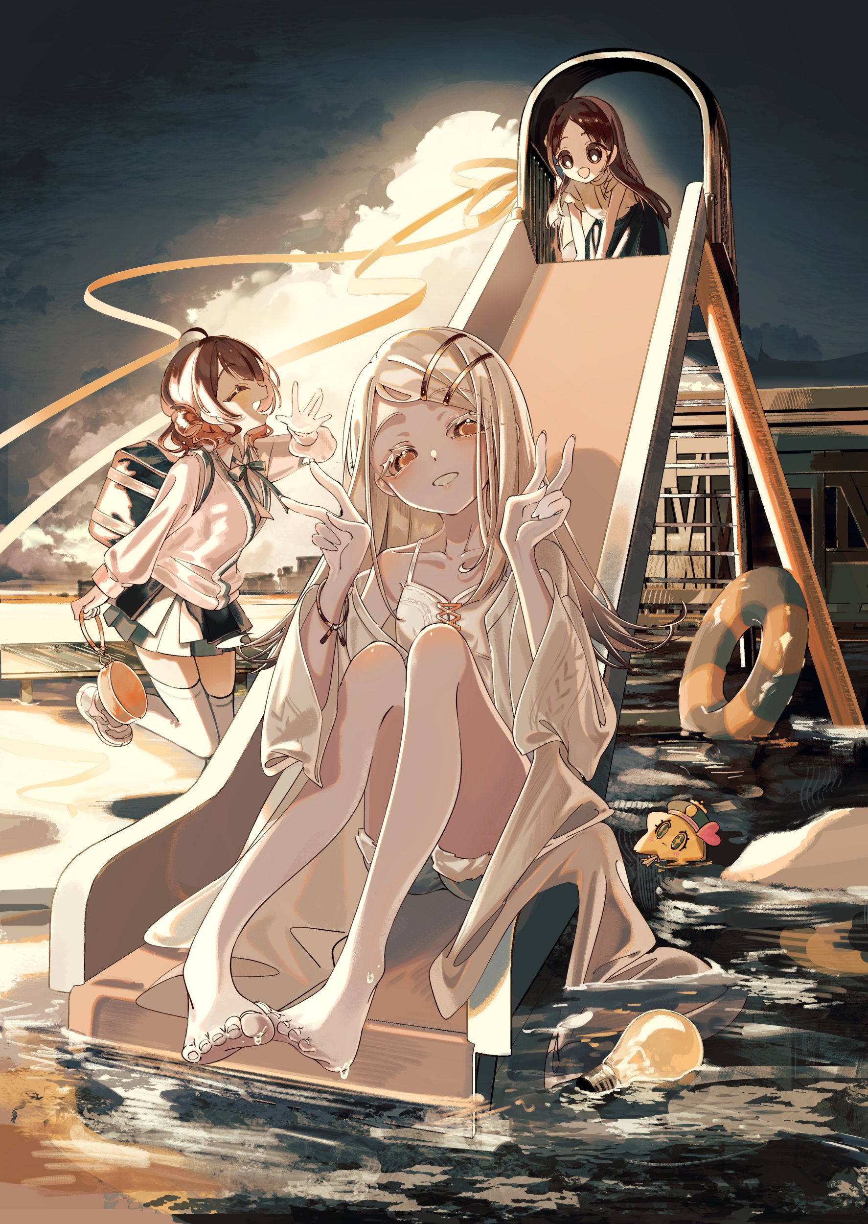 ny3z, hanami ume, kuramoto china, shinosawa hiro, gakuen idolmaster, idolmaster, absurdres, highres, 3girls, barefoot, blonde hair, brown hair, camisole, coat, denim, denim shorts, double v, hatsuboshi gakuen school uniform, innertube, light bulb, long hair, looking at viewer, multiple girls, open clothes, open coat, open mouth, orange eyes, school uniform, short hair, shorts, sky, slide, smile, surreal, swim ring, thighhighs, v, water, zettai ryouiki