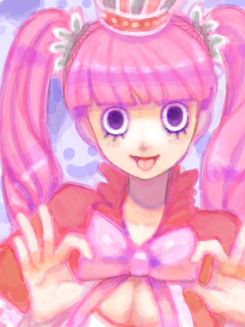 jii, perona, one piece, 1girl, :p, bow, breasts, capelet, cleavage, crown, female focus, long hair, necktie, pink hair, portrait, red crown, short cape, solo, tongue, tongue out, twintails