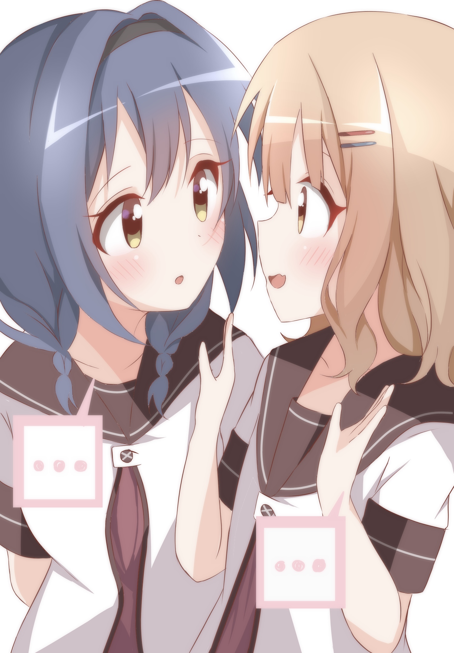 harumiya (meron89893), furutani himawari, oomuro sakurako, yuruyuri, commentary, highres, …, 2girls, arm behind back, black sailor collar, blush, buttons, close-up, collarbone, confused, dress, eye contact, eyelashes, face-to-face, from side, hands up, looking at another, multiple girls, nanamori school uniform, open mouth, red dress, sailor collar, sailor shirt, school uniform, shirt, short sleeves, simple background, spoken ellipsis, wavy mouth, white background, white shirt, yuri