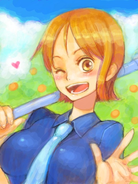 jii, nami (one piece), nami (one piece) (water 7), one piece, 1girl, blue necktie, blue shirt, blush, breasts, brown eyes, clima-tact, collared shirt, female focus, food, fruit, fruit tree, heart, medium breasts, necktie, one eye closed, orange (fruit), orange hair, shirt, short hair, solo, tree, upper body, water 7, waving, weapon, wink