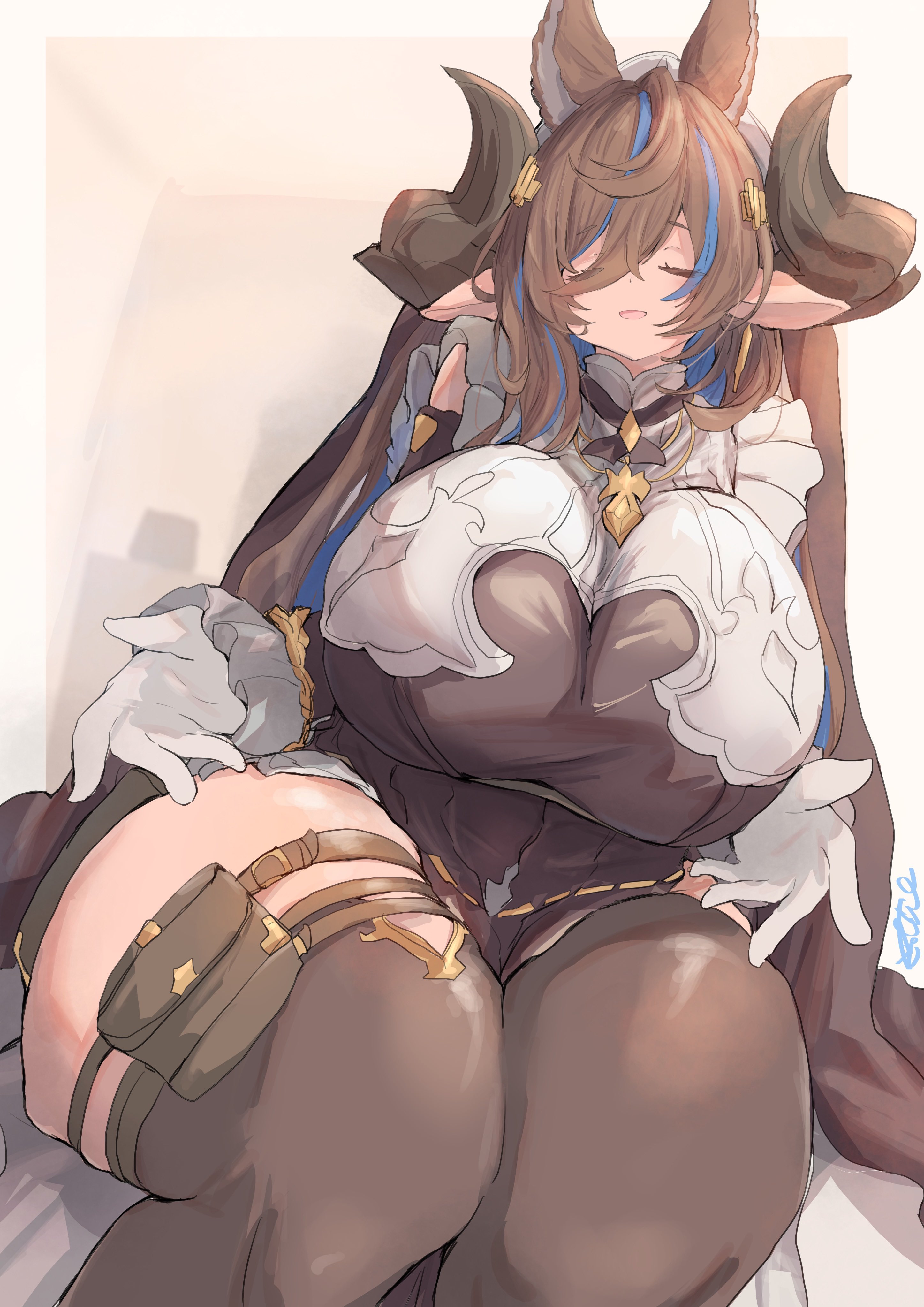 saamon (salmonkomaku), galleon (granblue fantasy), granblue fantasy, 1girl, animal ears, black leotard, black thighhighs, blue hair, breasts, brown hair, closed eyes, detached sleeves, earrings, frilled sleeves, frills, gloves, hair between eyes, hair ornament, horns, huge breasts, jewelry, leotard, multicolored hair, necklace, open mouth, pointy ears, pouch, reaching, reaching towards viewer, sitting, skindentation, solo, streaked hair, thick thighs, thigh pouch, thigh strap, thighhighs, thighs, veil, white gloves, wide hips
