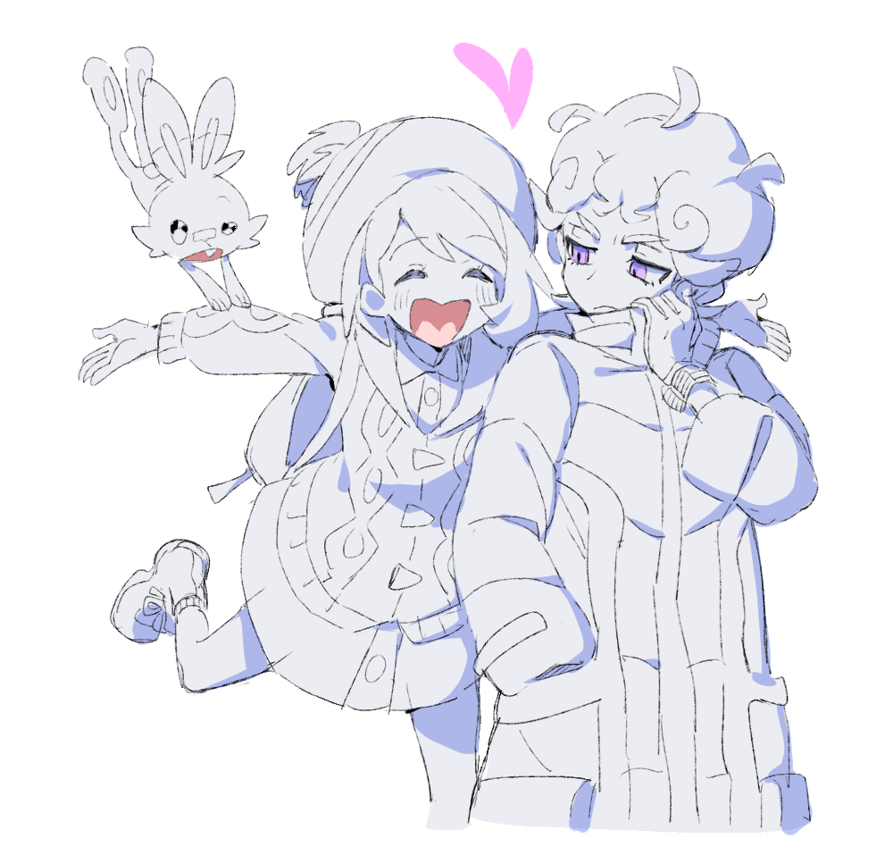 dede (qwea 00000), bede (pokemon), gloria (pokemon), scorbunny, nintendo, pokemon, pokemon swsh, 1boy, 1girl, :d, ^ ^, backpack, bag, blush, bob cut, cardigan, closed eyes, coat, curly hair, dress, frown, gen 8 pokemon, gloves, hand in pocket, hat, heart, imminent hug, looking back, open mouth, outstretched arms, purple eyes, short hair, sleeves rolled up, smile, spot color, spread arms, tam o' shanter, white background