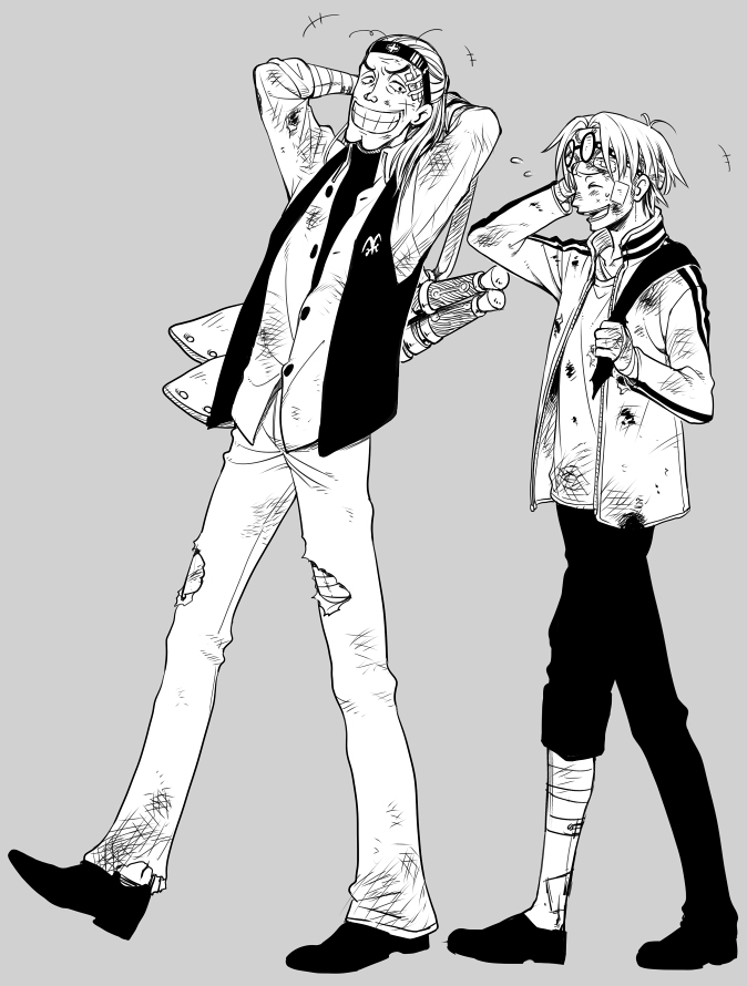 jii, helmeppo, koby (one piece), one piece, bad id, bad pixiv id, 2boys, bandages, blood, chin cleft, full body, greyscale, injury, knife, kukri, laughing, long hair, male focus, monochrome, multiple boys, short hair, walking