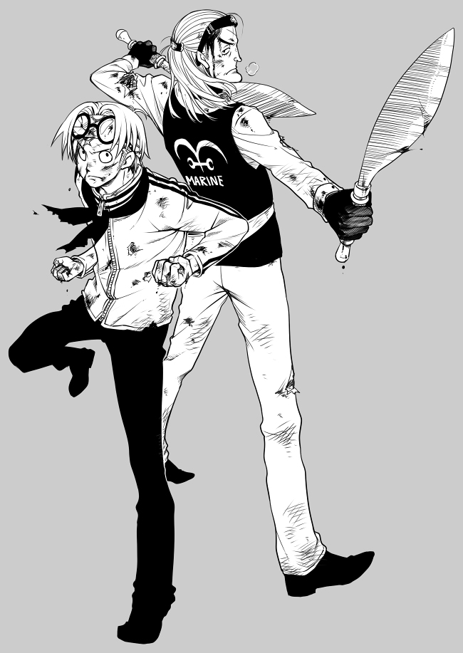 jii, helmeppo, koby (one piece), one piece, bad id, bad pixiv id, 2boys, back-to-back, blood, dual wielding, eyewear on head, fighting stance, full body, glasses, greyscale, holding, injury, knife, kukri, long hair, male focus, military, military uniform, monochrome, multiple boys, scar, short hair, sunglasses, weapon