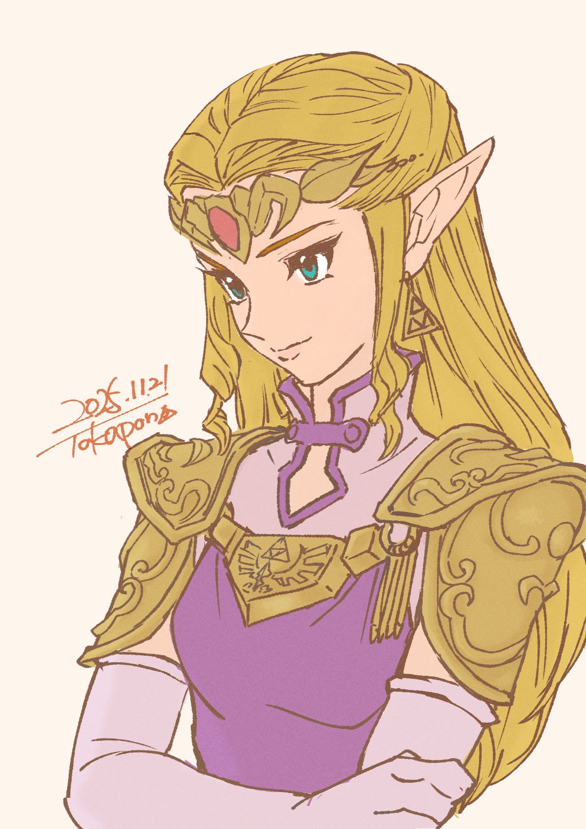 takapon-o-ji, princess zelda, nintendo, the legend of zelda, the legend of zelda: ocarina of time, commentary request, highres, 1girl, armor, artist name, blonde hair, blue eyes, circlet, closed mouth, dated, dress, earrings, elbow gloves, gem, gloves, holding own arm, jewelry, long hair, pink dress, pink gloves, pointy ears, princess, red gemstone, shoulder armor, simple background, solo, triforce, upper body, white background