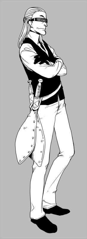 jii, helmeppo, one piece, bad id, bad pixiv id, long image, tall image, 1boy, crossed arms, greyscale, knife, kukri, long hair, machete, male focus, monochrome, solo, sunglasses