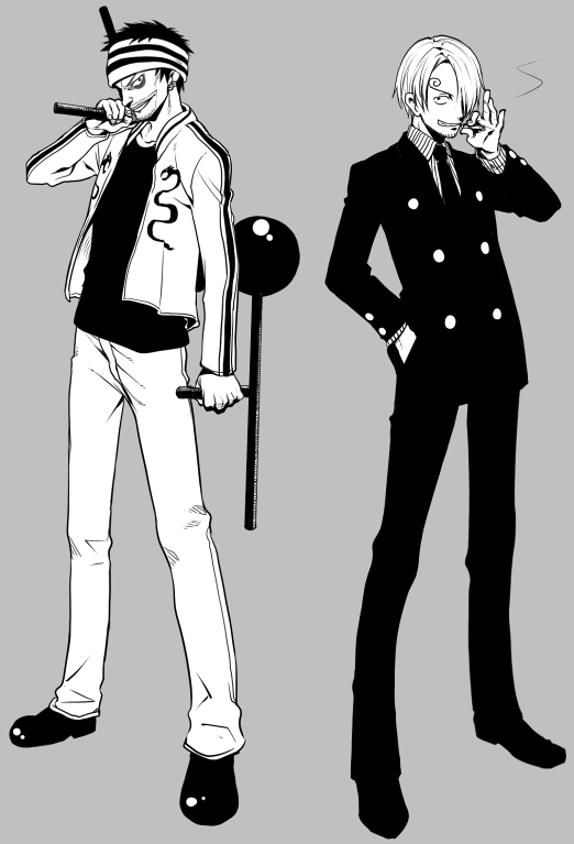 jii, gin (one piece), sanji (one piece), one piece, bad id, bad pixiv id, 2boys, cigarette, east blue, formal clothes, greyscale, male focus, monochrome, multiple boys, smoking, suit