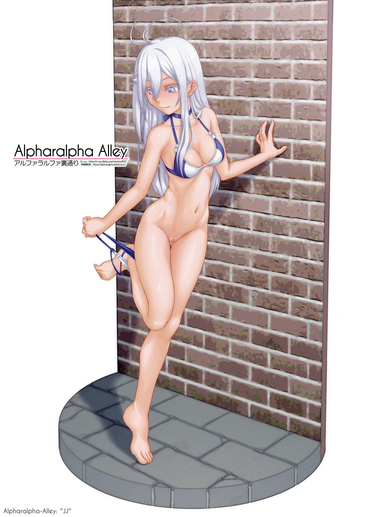 ^jj^, vladilena millize, 86 -eightysix-, commission, highres, pixiv commission, 1girl, antenna hair, bar censor, bikini, bikini bottom around leg, blue choker, bottomless, breasts, censored, choker, grey eyes, grey hair, hair between eyes, long hair, medium breasts, multicolored bikini, navel, smile, solo, standing, swimsuit, two-tone bikini, undressing