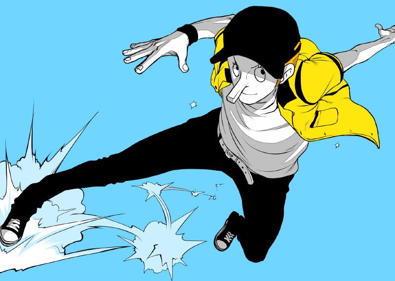 jii, kaku (one piece), one piece, bad id, bad pixiv id, 1boy, baseball cap, belt, hat, jacket, jumping, male focus, manly, shoes, solo, water 7