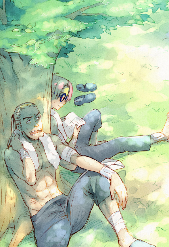 jii, helmeppo, koby (one piece), one piece, bad id, bad pixiv id, 2boys, abs, bandages, glasses, in tree, male focus, multiple boys, reading, sitting, sitting in tree, towel, tree
