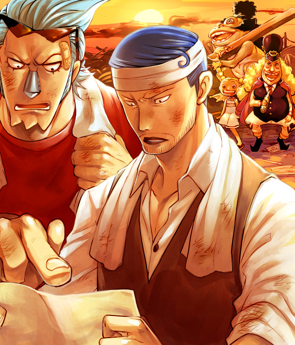 jii, chimney (one piece), franky (one piece), iceburg, kokoro (one piece), yokozuna (one piece), one piece, shueisha, bad id, bad pixiv id, 2boys, 2girls, bandages, blue hair, brothers, chimney, engineer, frog, injury, monster girl, multiple boys, multiple girls, siblings, sunglasses, sunset, water 7