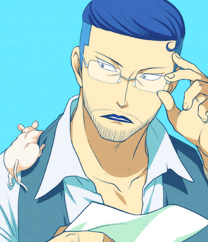 jii, iceburg, tyrannosaurus (one piece), tyranosaurus (one piece), one piece, bad id, bad pixiv id, lowres, 1boy, adjusting eyewear, beard, blue background, blue hair, facial hair, glasses, male focus, simple background, solo, water 7