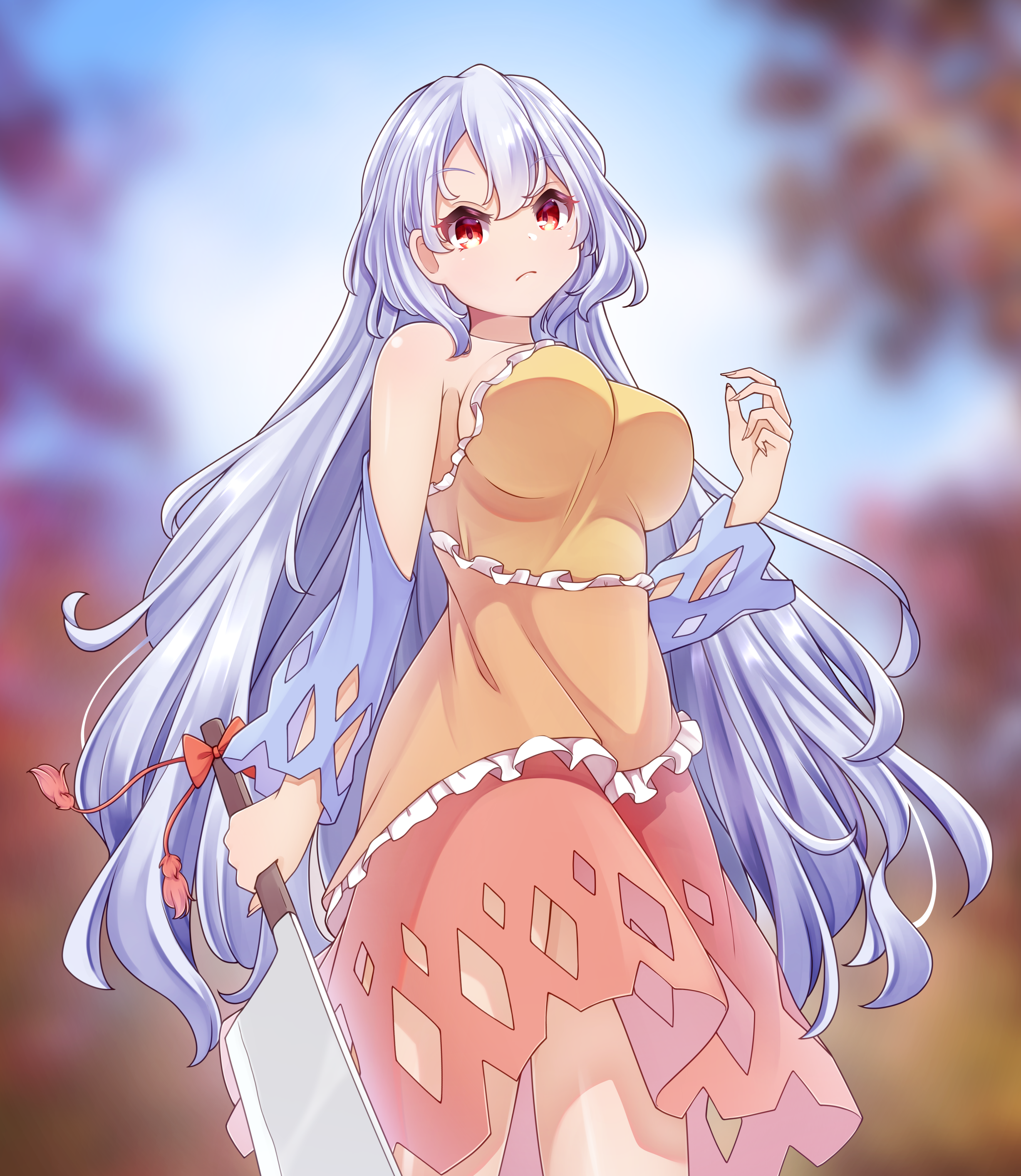 hashi2387, sakata nemuno, touhou, absurdres, commentary request, highres, 1girl, blue sleeves, blurry, blurry background, breasts, cleaver, closed mouth, detached sleeves, dress, grey hair, holding, holding cleaver, holding weapon, long hair, looking at viewer, red dress, red eyes, solo, very long hair, weapon, yellow dress