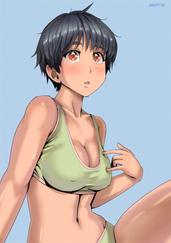 zenkou, ayumu (zenkou), original, 1girl, arm support, black hair, blue background, blush, breasts, cleavage, covered erect nipples, dated, fang, female focus, large breasts, looking afar, messy hair, orange eyes, parted lips, poking, poking own breast, shiny skin, short hair, simple background, sitting, solo, sports bra