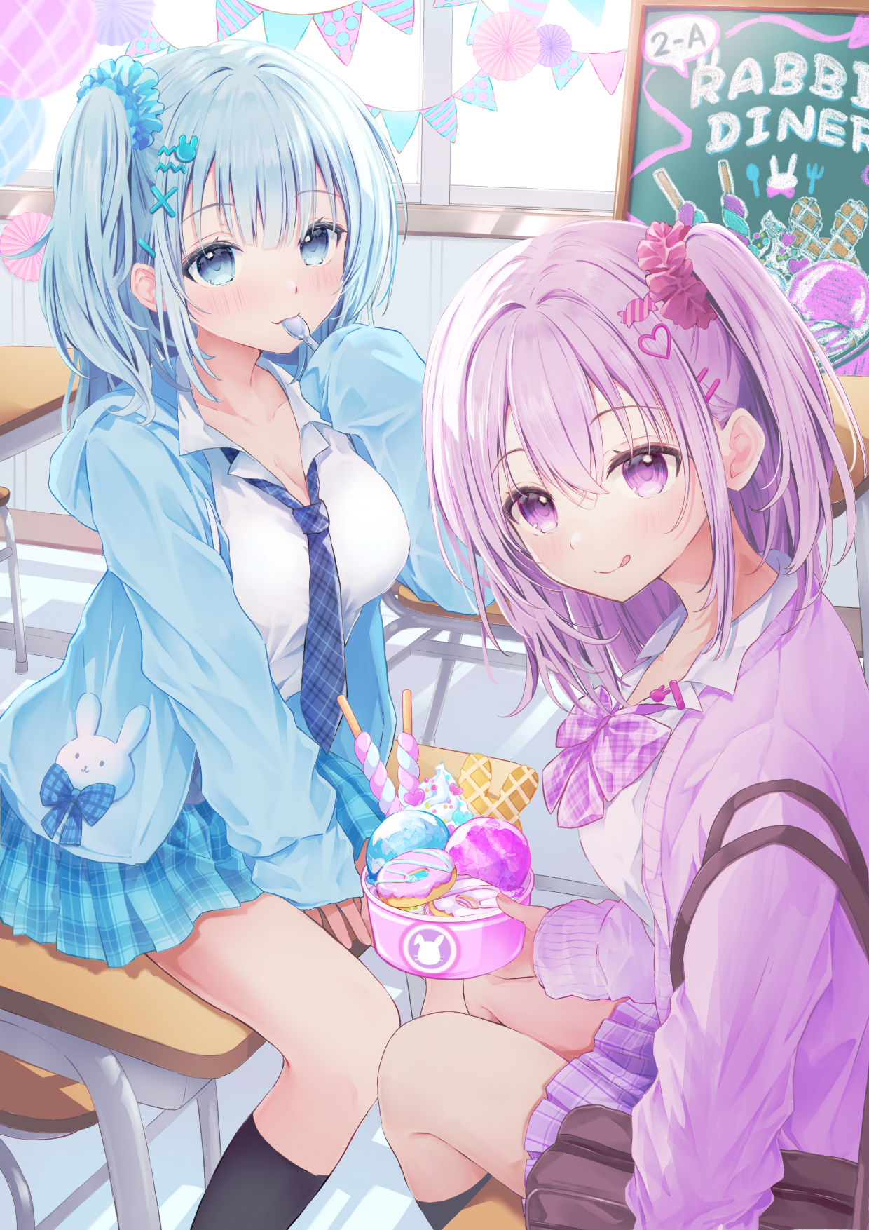 maya (tirolpop), original, commentary request, highres, 2girls, :q, black socks, blue bow, blue cardigan, blue eyes, blue hair, blue necktie, blue scrunchie, bow, breasts, brown bag, cardigan, chalkboard, classroom, desk, food, from above, hair ornament, hair scrunchie, hand up, ice cream, kneehighs, knees, long sleeves, looking at viewer, medium breasts, medium hair, multiple girls, necktie, on desk, one side up, open cardigan, open clothes, purple bow, purple cardigan, purple eyes, purple hair, purple scrunchie, scrunchie, shirt, sitting, sleeves past fingers, sleeves past wrists, socks, spoon, tongue, tongue out, unbuttoned, unbuttoned shirt, white shirt, window