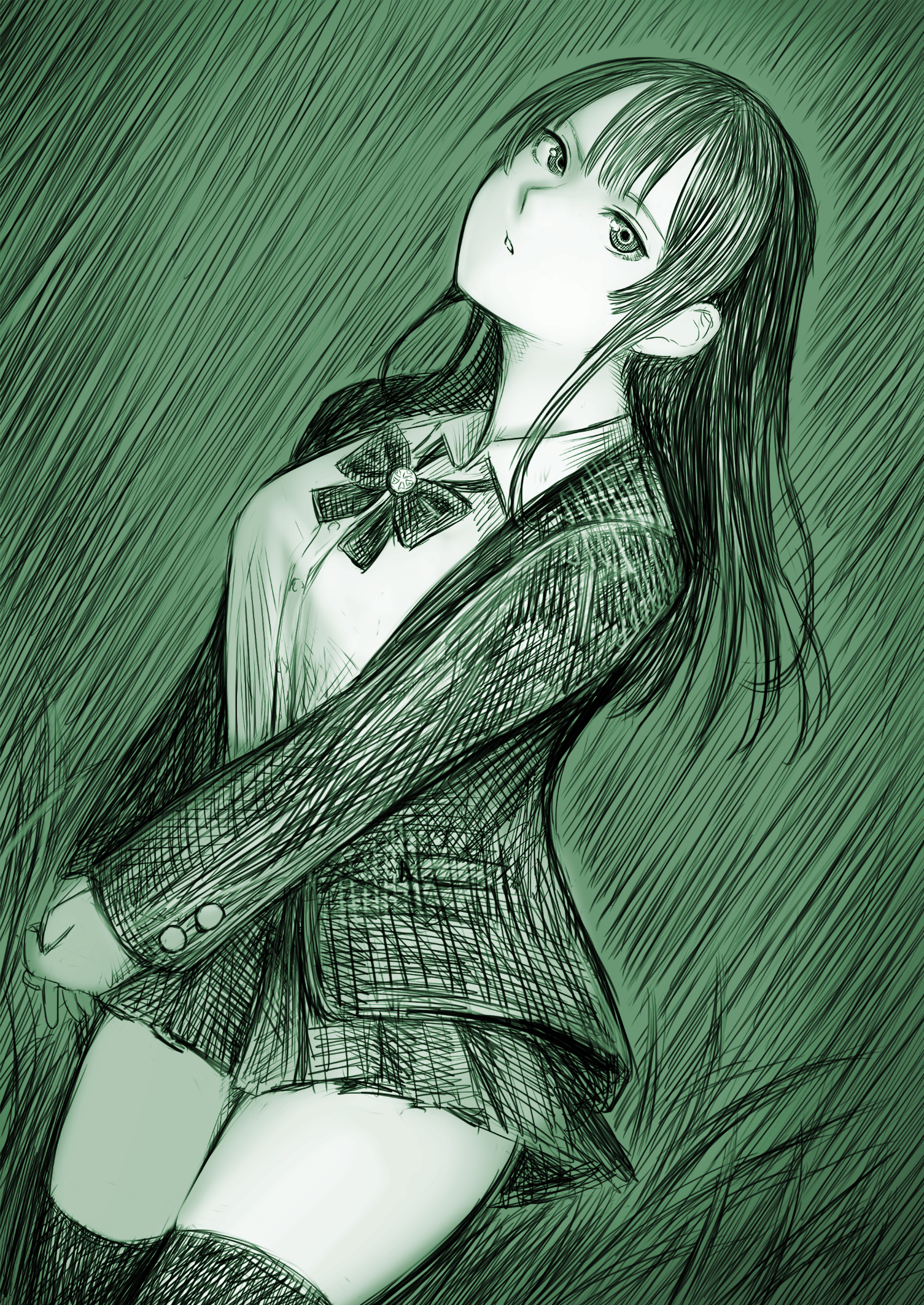 disorder!, original, commentary request, highres, 1girl, blazer, breasts, collared shirt, green theme, jacket, large breasts, long hair, looking at viewer, miniskirt, monochrome, parted lips, pleated skirt, school uniform, shirt, skirt, solo, thighhighs