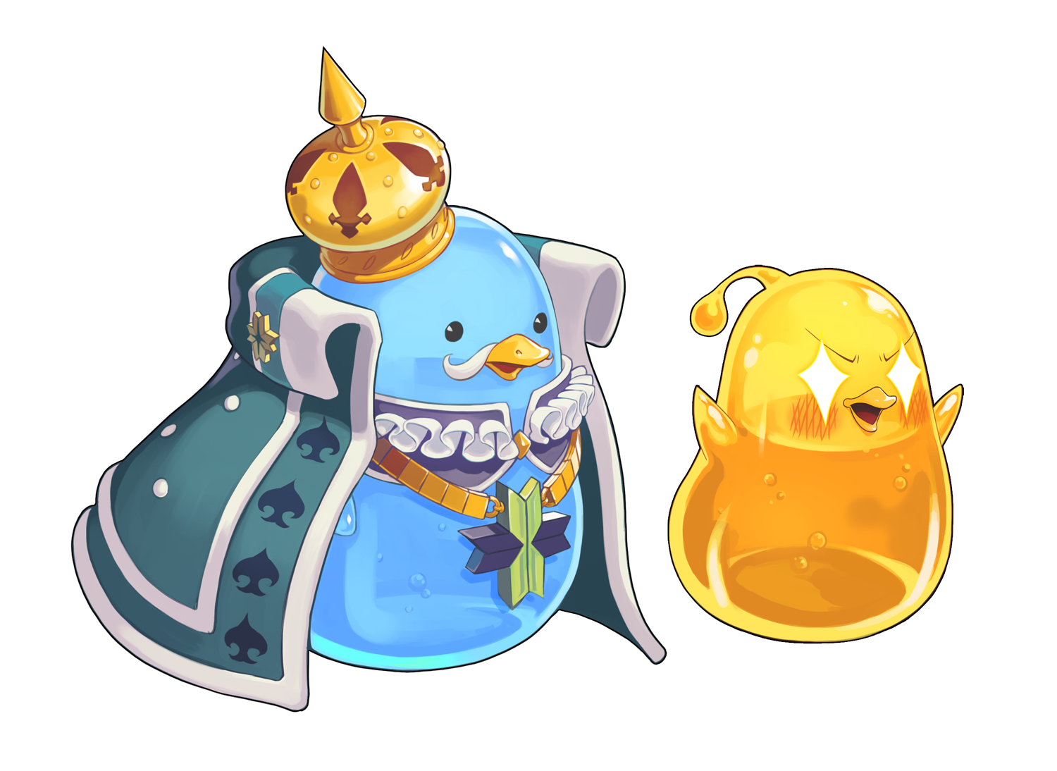 sang ah yoon, nexon, tales weaver, commentary request, korean commentary, official art, arms up, bird, black eyes, blush, cape, collar, collared cape, crown, facial hair, frilled collar, frills, gold crown, gold necklace, green cape, jewelry, monster, monster focus, mustache, neck ruff, necklace, open mouth, purple collar, simple background, slime (creature), solid circle eyes, spade (shape), sparkling eyes, tilted headwear, v-shaped eyebrows, white background, white facial hair, white trim