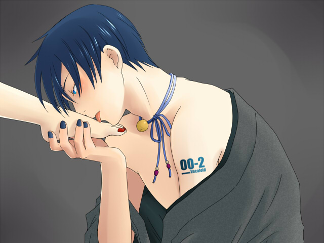 pink hitsuji, kaito (vocaloid), meiko (vocaloid), iroha uta (vocaloid), vocaloid, bad id, bad pixiv id, 1boy, barefoot, bell, blue eyes, blue hair, feet, foot worship, holding another's foot, licking, licking foot, male focus, nail polish, plantar flexion, short hair, simple background, solo focus, toenail polish, toenails, tongue