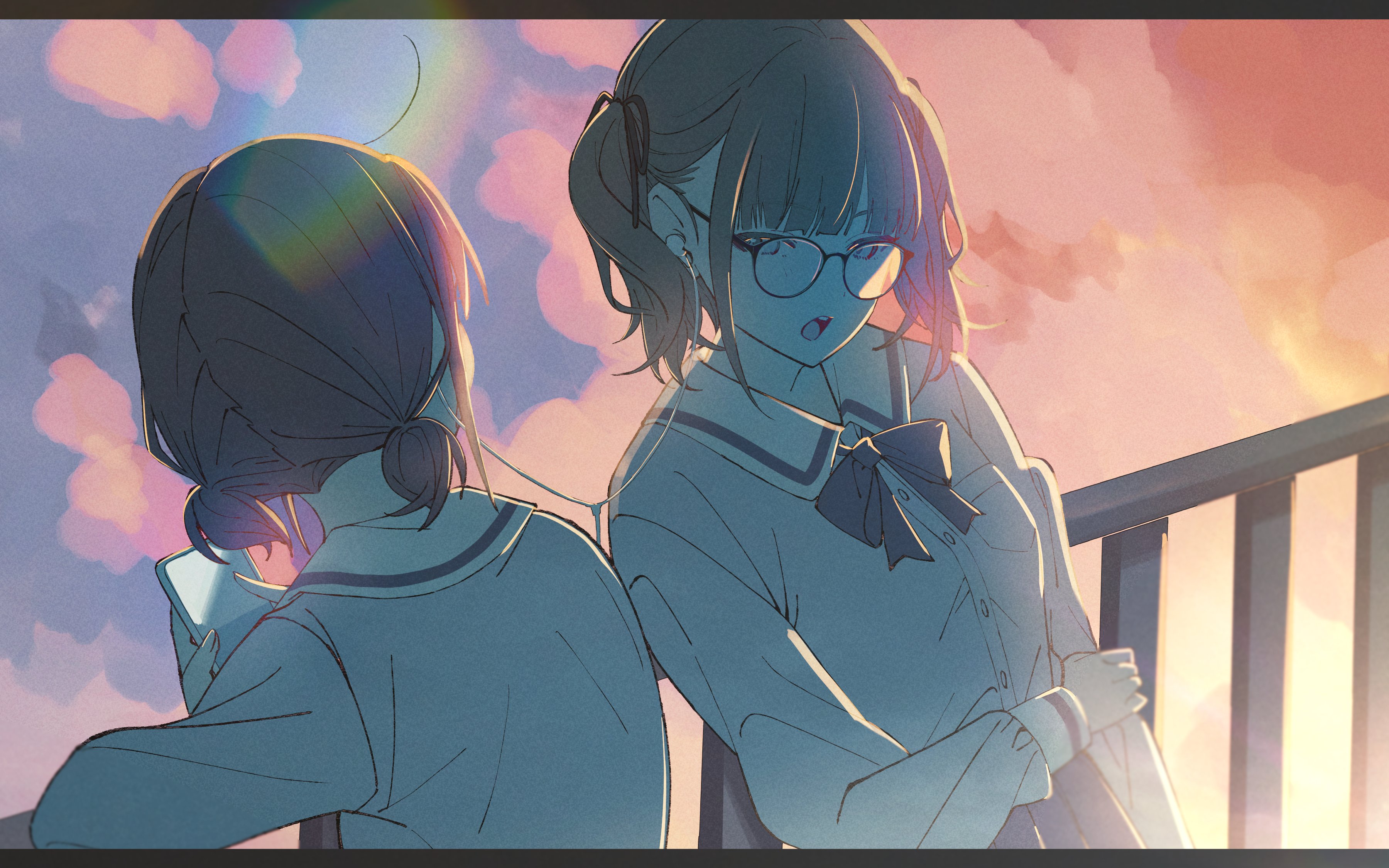 kuji (orca9ji), hina (girls band cry), iseri nina, girls band cry, absurdres, commentary request, highres, 2girls, against railing, bow, bowtie, cellphone, cloud, covered face, dress shirt, facing another, facing to the side, from behind, glasses, hair ribbon, hand on own arm, holding, holding phone, long sleeves, low twintails, multiple girls, open mouth, phone, pleated skirt, railing, ribbon, school uniform, shirt, skirt, sky, smartphone, teeth, twintails, upper teeth only