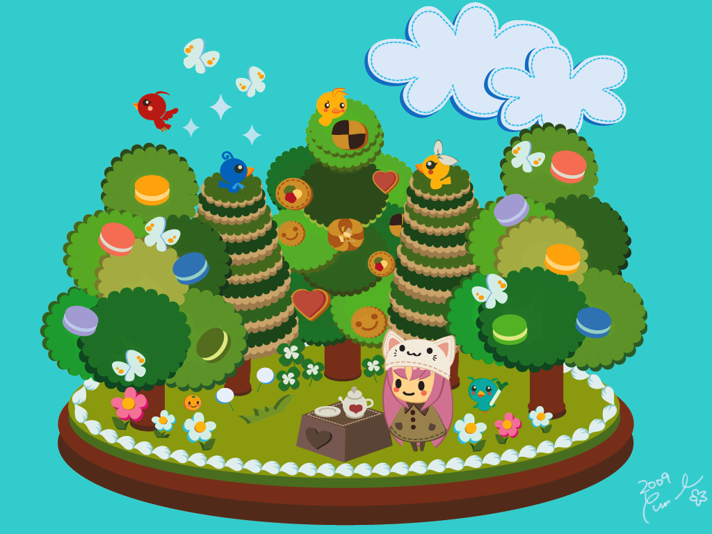 ikeda (pixiv27644), ikeda yuukichi, megurine luka, megurine luka (toeto), toeto (vocaloid), vocaloid, 1girl, :3, animal ears, animal hat, bird, bug, butterfly, cake, cat ears, cat hat, chibi, cloud, cookie, fake animal ears, faux figurine, female focus, flower, food, hair ribbon, hat, heart, insect, long hair, macaron, macaroon, pastry, pink hair, plate, ribbon, smile, solo, spring onion, teapot, tree, very long hair