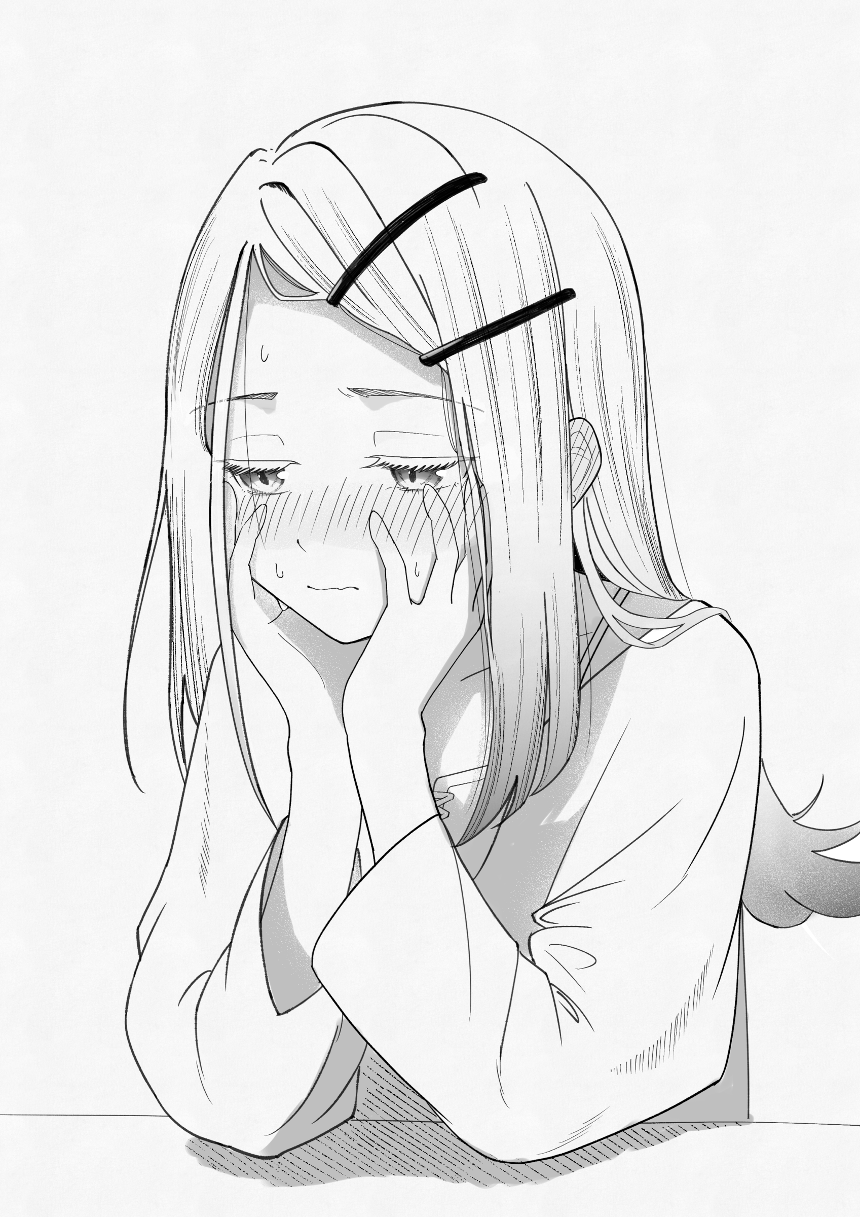 furutami akira, shinosawa hiro, gakuen idolmaster, idolmaster, absurdres, commentary request, highres, 1girl, blush, embarrassed, greyscale, hands on own cheeks, hands on own face, long hair, looking down, monochrome, solo, upper body