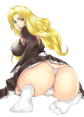 matsumoto rangiku, bleach, lowres, 00s, ass, blue eyes, breasts, large breasts, long hair, orange hair, panties, smile, transparent background, underwear