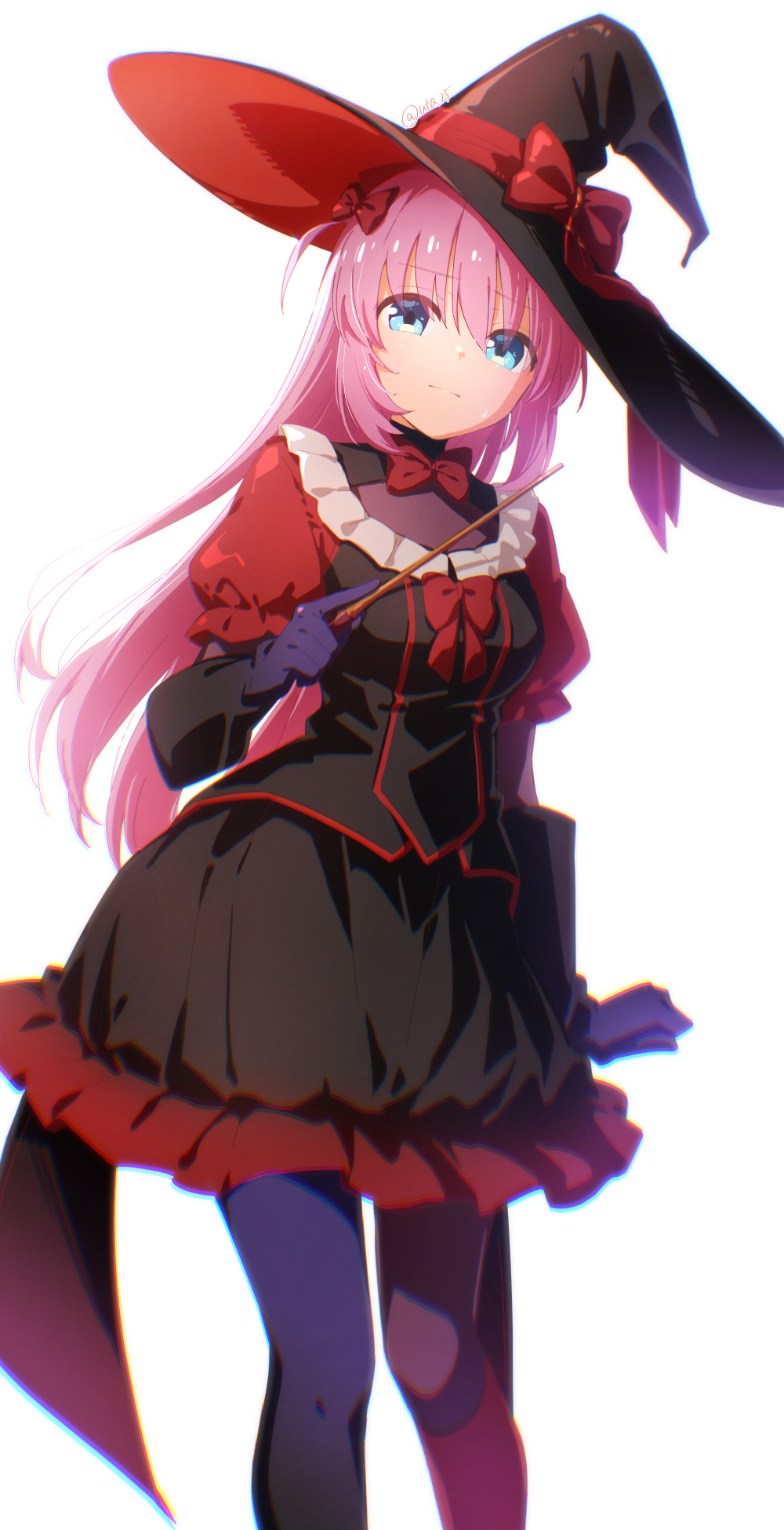 uta 25, gotoh hitori, bocchi the rock!, clothing request, highres, 1girl, alternate costume, black dress, blue eyes, bow, bowtie, breasts, chromatic aberration, cosplay, dress, feet out of frame, frilled dress, frills, from below, furrowed brow, gloves, hair bow, halloween, hand up, hat, hat bow, holding, holding wand, juliet sleeves, long hair, long sleeves, looking at viewer, pantyhose, pink hair, puffy sleeves, purple gloves, purple pantyhose, red bow, simple background, small breasts, solo, wand, white background, witch, witch hat