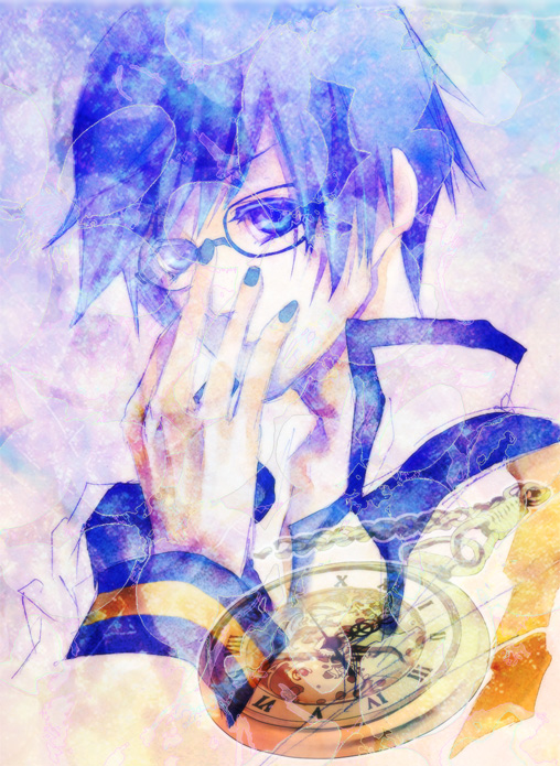 kanade (unchi knd280), kisaragi kanade, kaito (vocaloid), vocaloid, bad id, bad pixiv id, 1boy, adjusting eyewear, blue eyes, blue hair, glasses, male focus, matching hair/eyes, nail polish, pocket watch, short hair, solo, watch